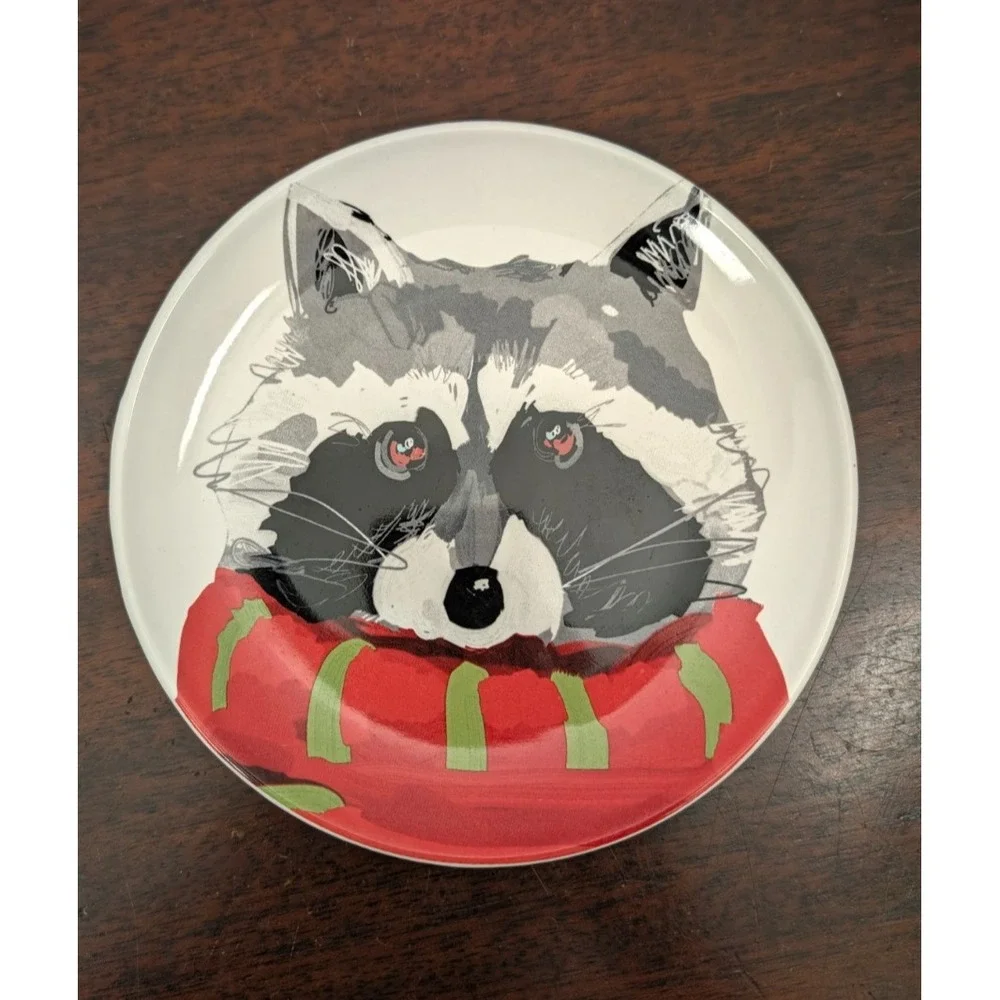 Magenta Christmas Woodland Animal Plates Set of 4 Raccoon Fox Moose Squirrel 7